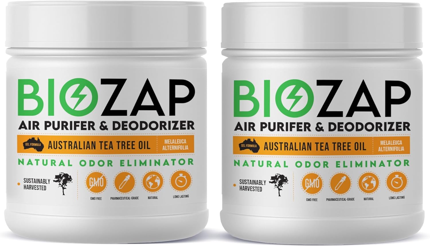 BioZap Air Purifier & Deodorizer (2-Pack) Pharmaceutical-Grade Australian Tea-Tree Oil Gel, Naturally Cleans Odors, Basements, Crawlspaces, Boats, Gyms & More, Natural Scent.