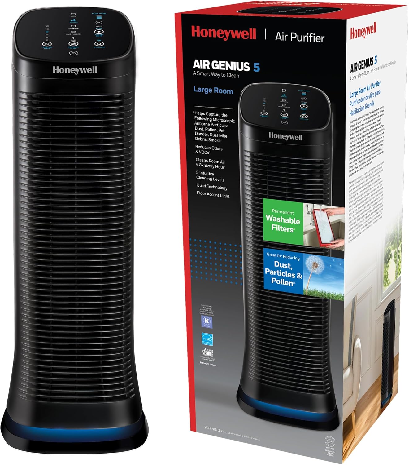 Honeywell Air Genius 5 Air Purifier for Large Rooms up to 1200 Ft², Permanent Washable Filters, Reduces Dust, Pollen, Pet Dander, Odors, Smoke, Black, HFD320