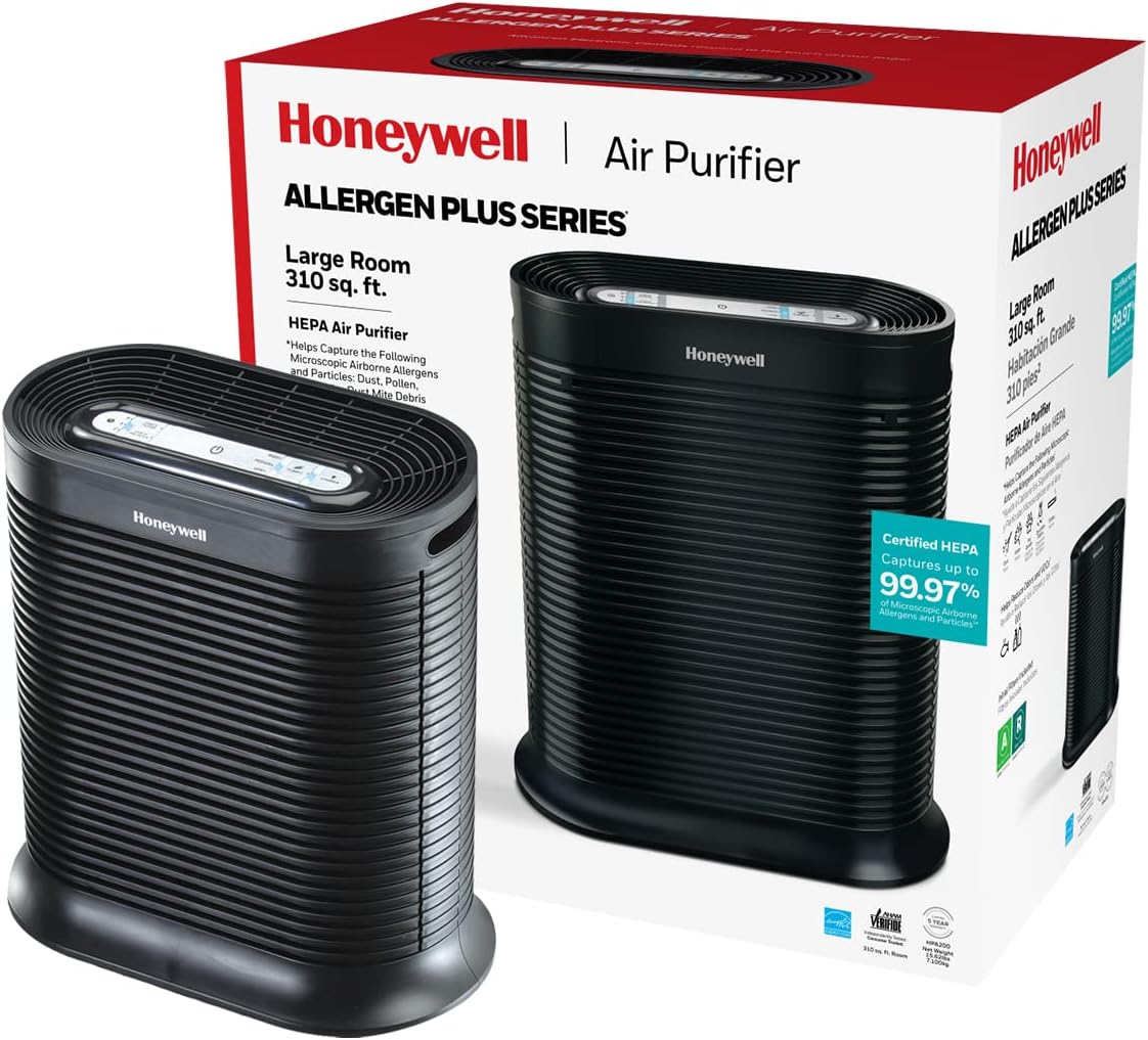 Honeywell AllergenPlus HEPA Air Purifier, Airborne Allergen Reducer for Large Rooms 1500 sq ft, Reduces Allergens, Smoke, Wildfire Smoke, Pollen, Pet Dander and More, Black, HPA200