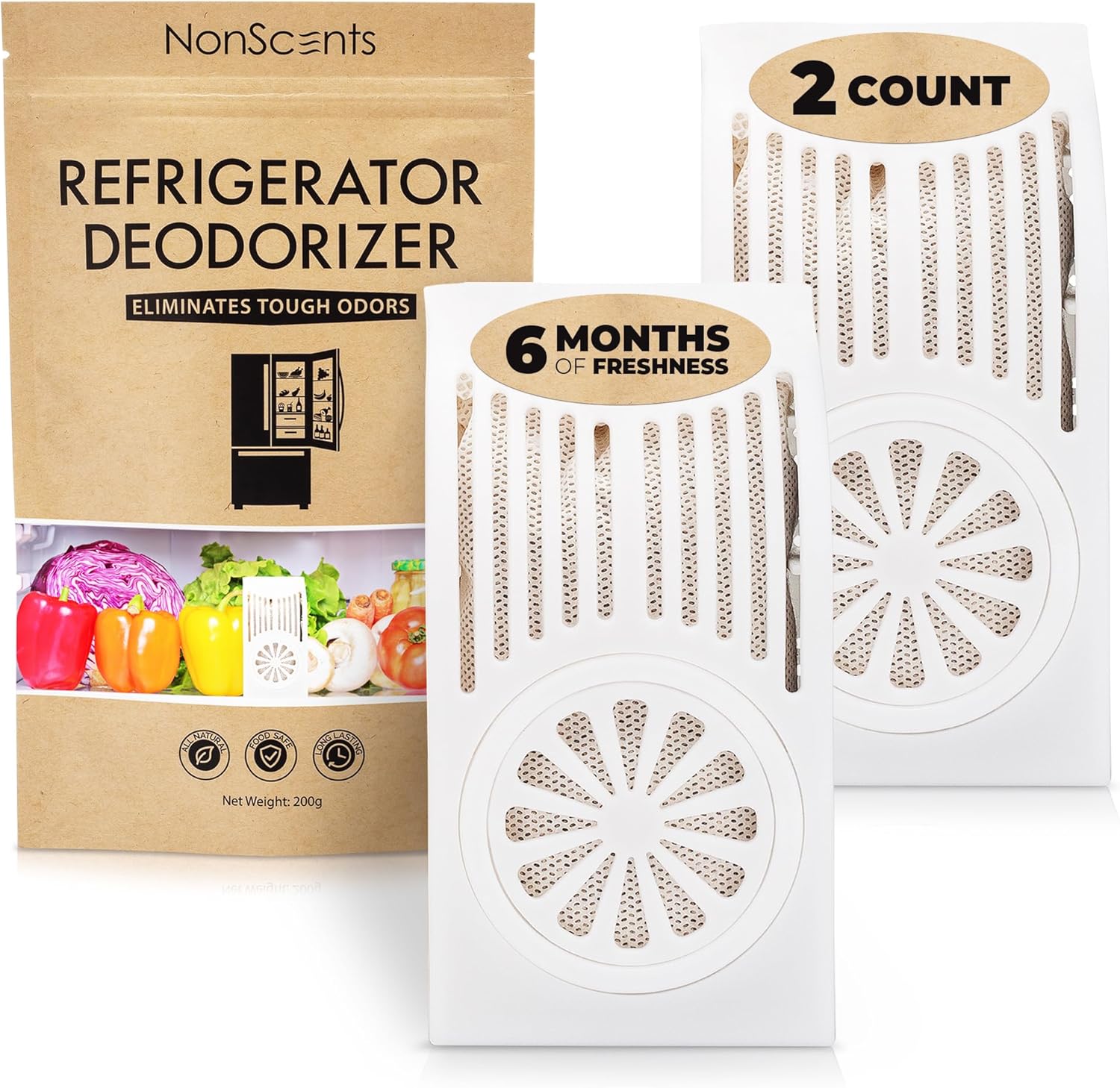 NonScents Refrigerator Deodorizer – Odor Eliminator for Fridge & Freezer – Outshines Baking Soda & Deodorizer with Activated Charcoal – Unscented & Long-Lasting, Freshen Refrigerator (2-Count)