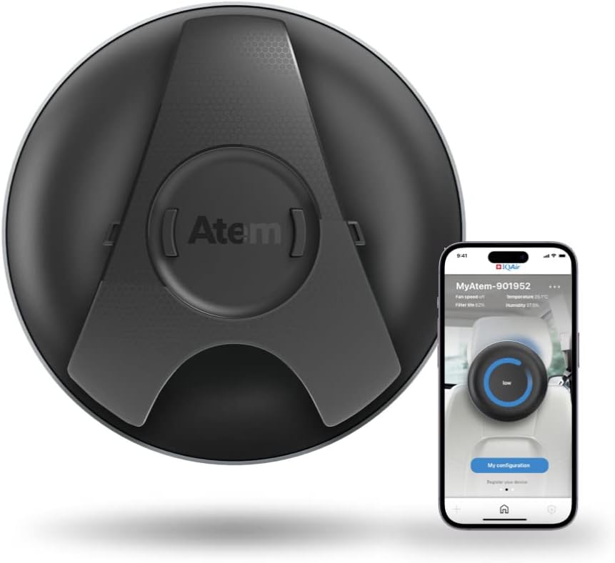 IQAir Atem Car Portable HEPA Air Purifier, Filters for Pollution, Odors, Gases, Car Fumes, and Asthma Triggers, Bacteria, Viruses, Great for Travel or Daily Commute, Swiss Design, Made in Germany
