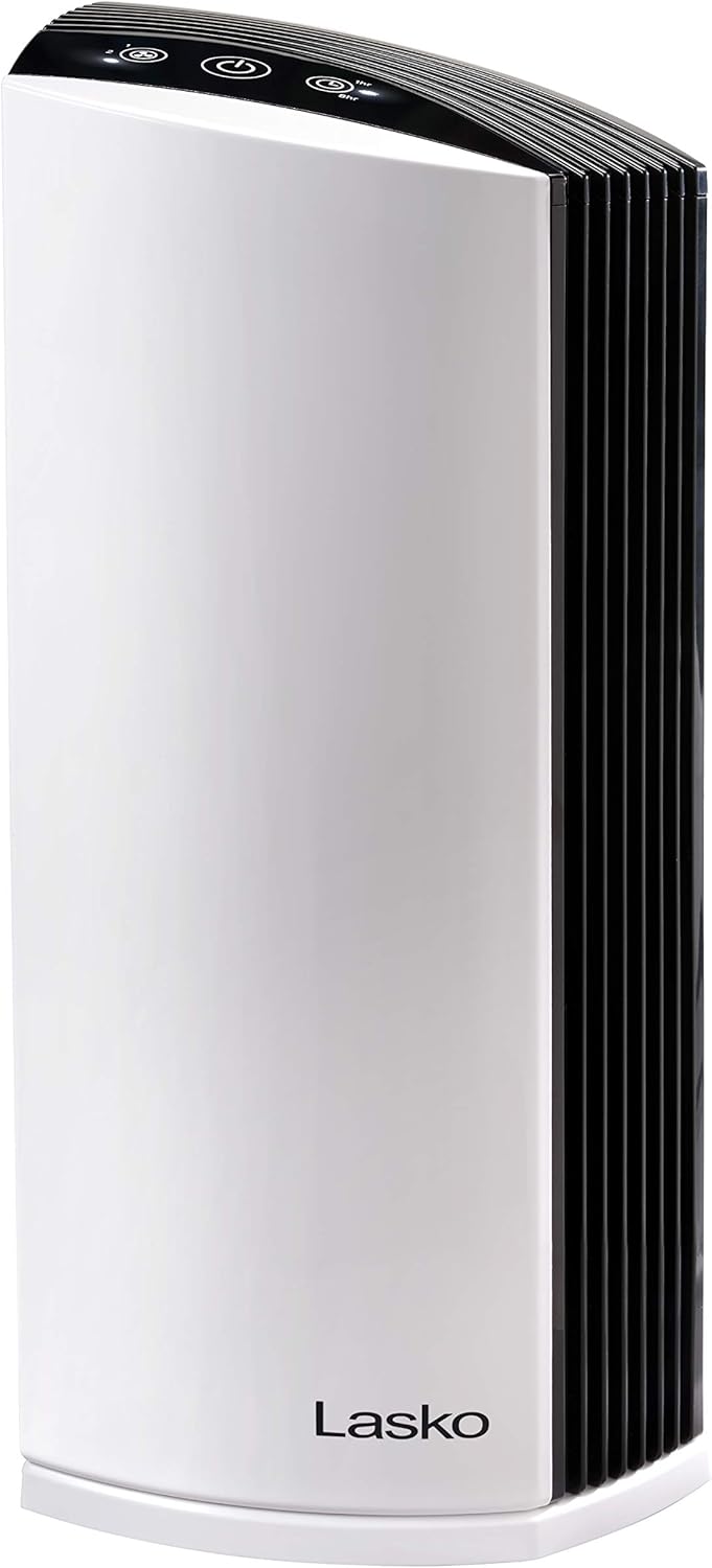Lasko LP300 HEPA Tower Air Purifier with Timer for a Cleaner, Fresher Environment –2-Stage Filtration Removes Smoke, Odors, Pet Dander, Virus Sized Particles, Pollen, Dust, 21.6" x 7.3” x 10.3”, White