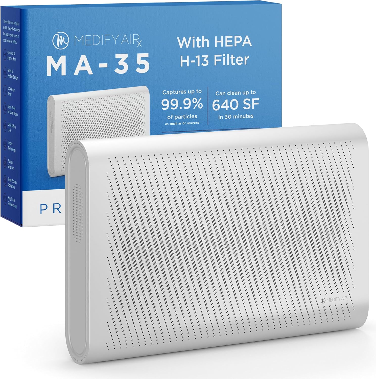 Medify MA-35 Air Purifier with True HEPA H13 Filter | 1,280 ft² Coverage in 1hr for Allergens, Smoke, Wildfires, Odors, Pollen, Pet Dander | Removal to 0.1 Microns | Silver, 1-Pack