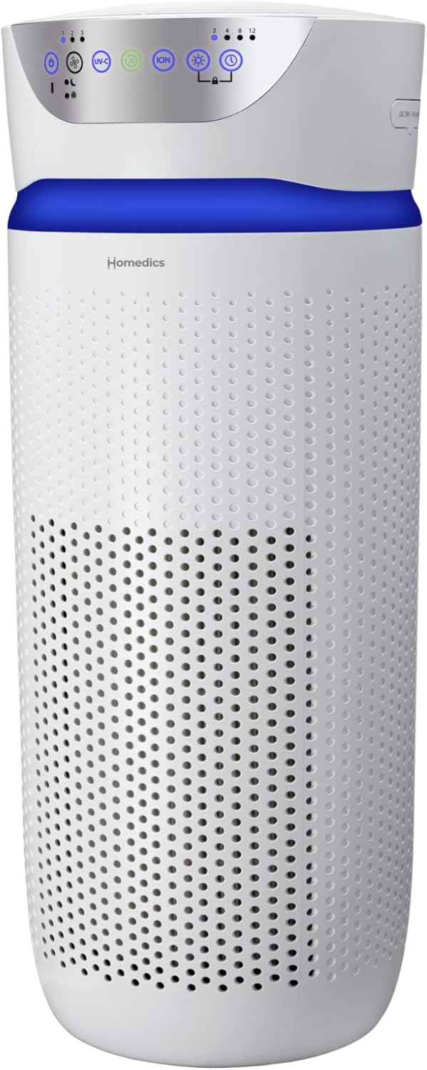 Homedics 5-in-1 UV-C Air Purifier - 360-Degree HEPA Filter for 1,659 Sq Ft, Extra Large Air Purifiers for Bedroom and Home, Essential Oil Pads, Built-In Timer, 5 Speed Settings for Large Rooms, White