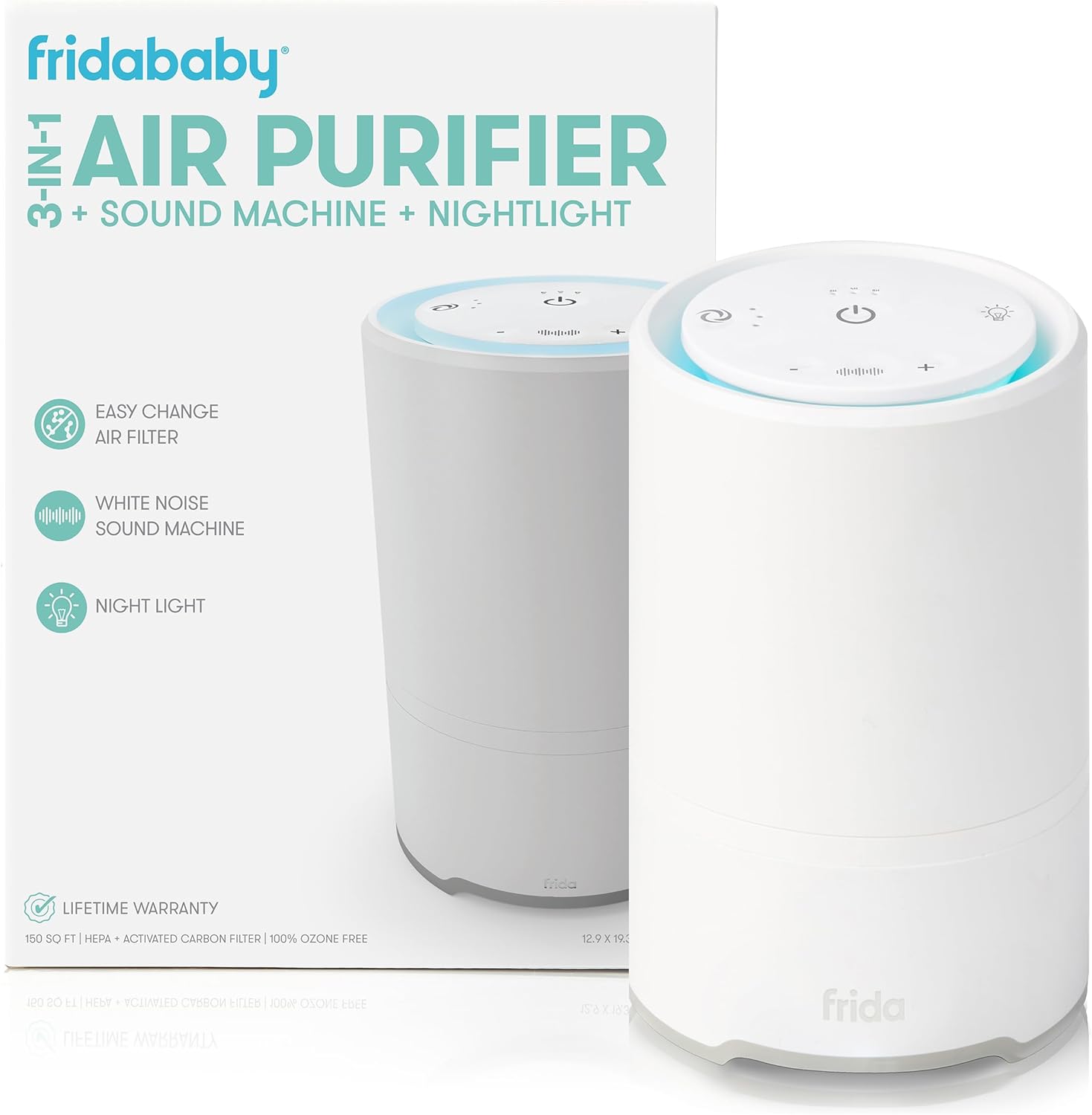 Frida Baby 3-in-1 Baby Air Purifier for Allergy Relief, Sound Machine for Sleeping + Nightlight, HEPA Filter Purifier for Bedroom with 3 Fan Speeds, Easy-Change Filter, Auto-Off Timer
