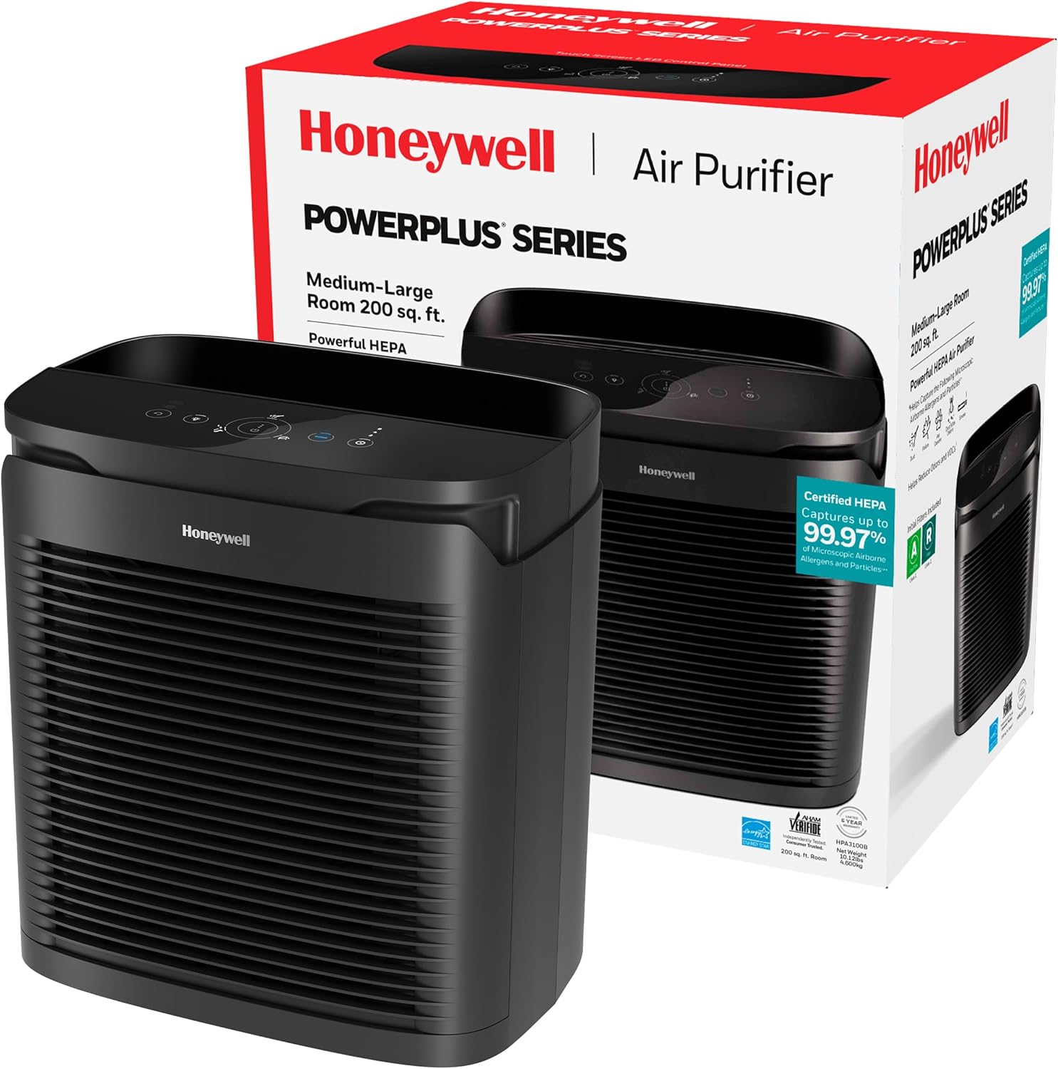 Honeywell PowerPlus HEPA Air Purifier for Home, 968 Ft² Rooms in 1 hour, Reduces Allergens, Dust, Pollen, All Smoke Types, Pet Dander and Odors, Black, HPA3100