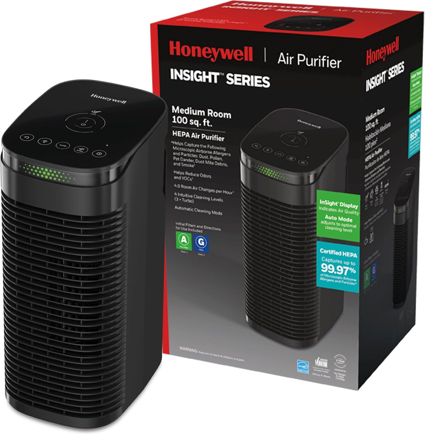 Honeywell HEPA Air Purifier for Home, 488 Ft² Rooms in 1 hour, Auto Mode, Air Quality Indicator, Reduces Allergens, Dust, Pollen, Pet Dander, All Smoke Types, Odors, Black, HPA080