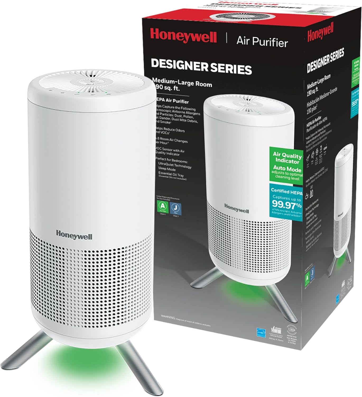 Honeywell HEPA Air Purifier for Home, 900Ft² Rooms in 1 hour, Designer Series, Intelligent Auto Mode, UltraQuiet Tech, Reduces Dust, Pollen, Pet Dander, All Smoke Types, Odors, White, HPA830W