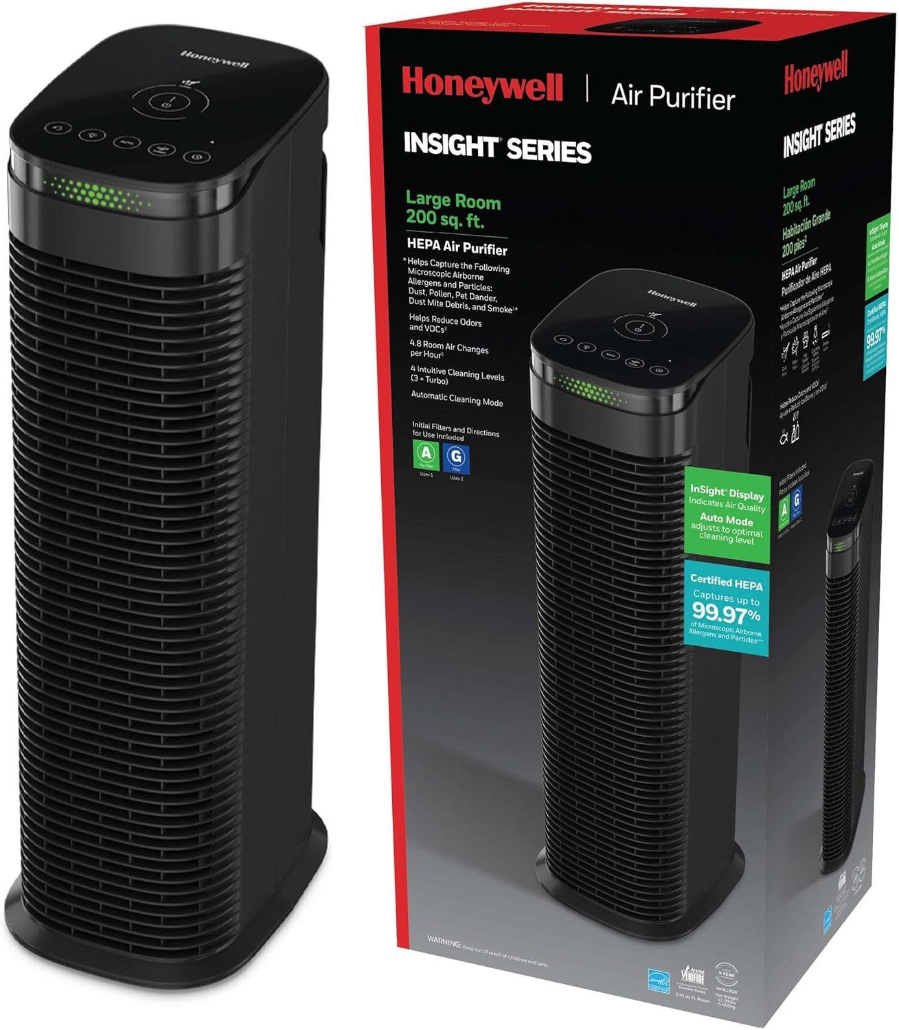 Honeywell HEPA Air Purifier for Home, 990 Ft² Rooms in 1 hour, Auto Mode, Air Quality Indicator, Reduces Dust, Pollen, Pet Dander, All Smoke Types, Odors, Black, HPA180B