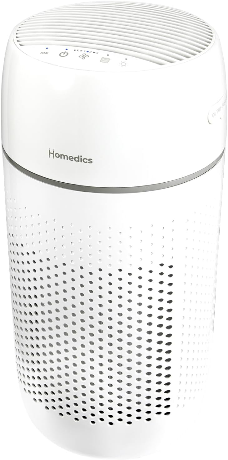 Homedics Air Purifier, 5-in-1 Tower Air Purifier, 99% HEPA-Type Filtration with UV-C Technology and Carbon Odor Filter, 4 Speeds, Essential Oil Aromatherapy Tray, for Medium Rooms