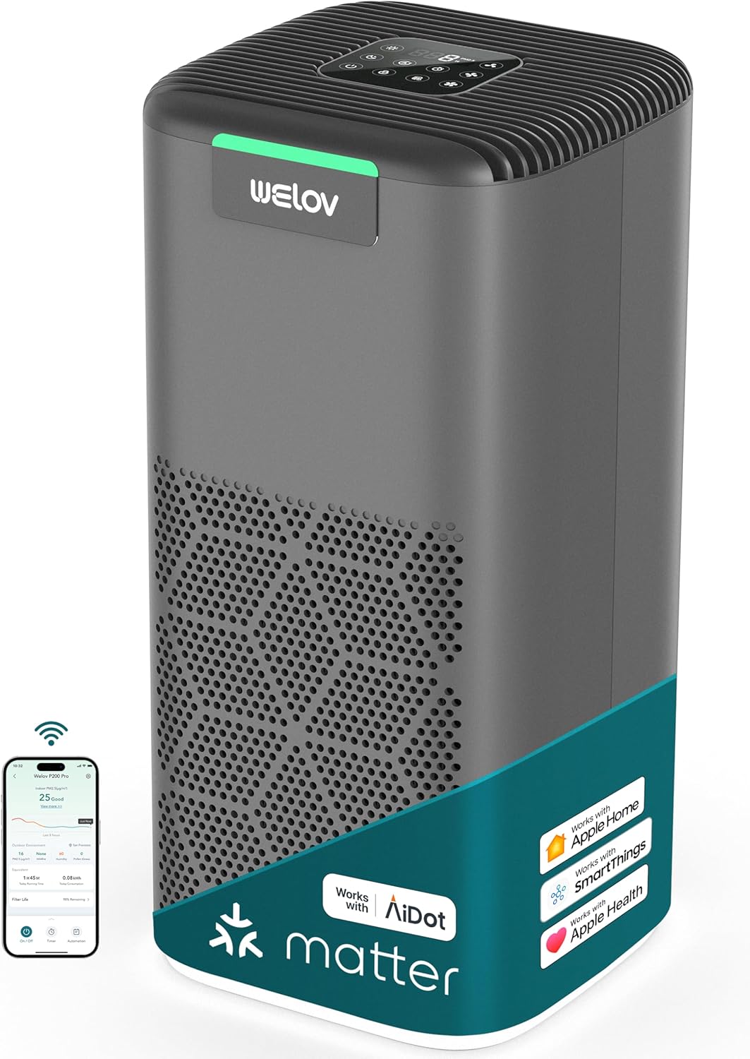 WELOV World's 1st Matter Smart Air Purifier, Air Purifiers for Home Covers 1570 Ft², 99.997% Filtration Efficiency of Particles 0.1-0.3 μm, H13 True HEPA PM2.5 Monitor, Sleep Mode, Dimmable Lighting