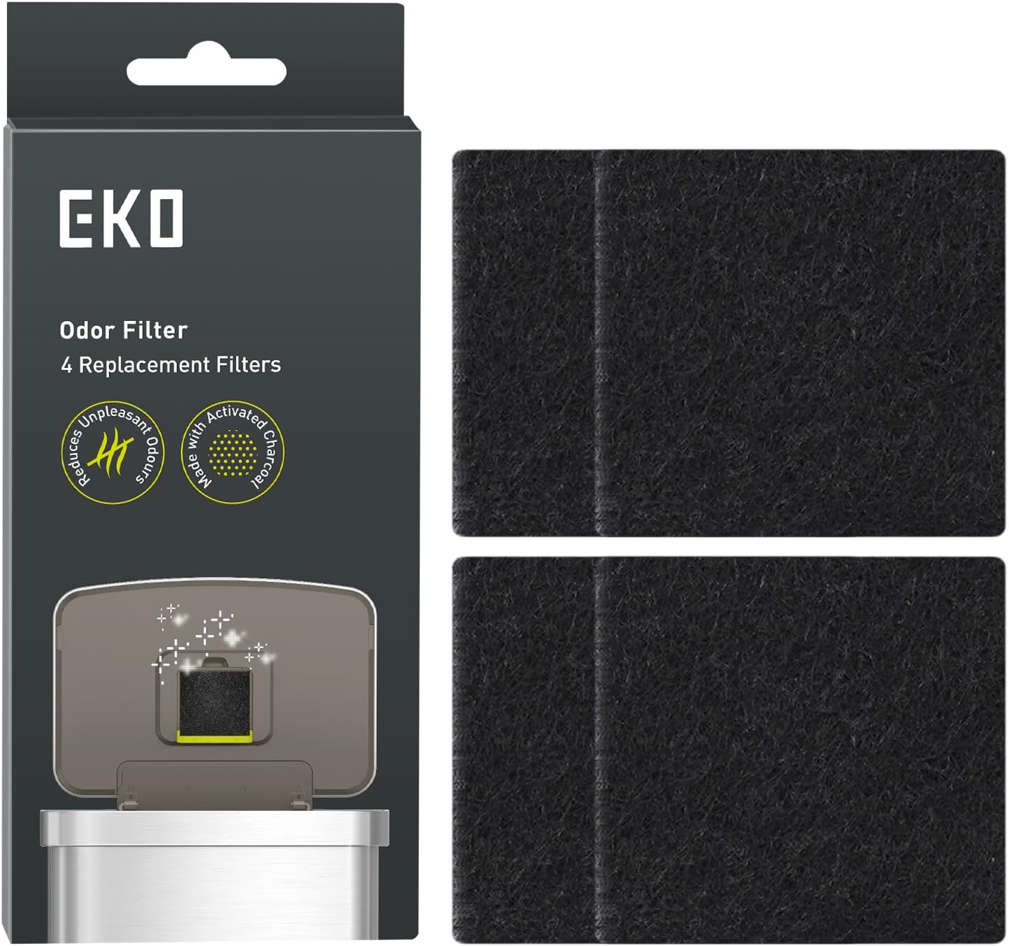 EKO Trash Can Odor Filter Refills for Trash Can and Compost Bin, Activated Charcoal Deodorizer, Strong Charcoal Odor Absorber, Pack of 4 Replacements