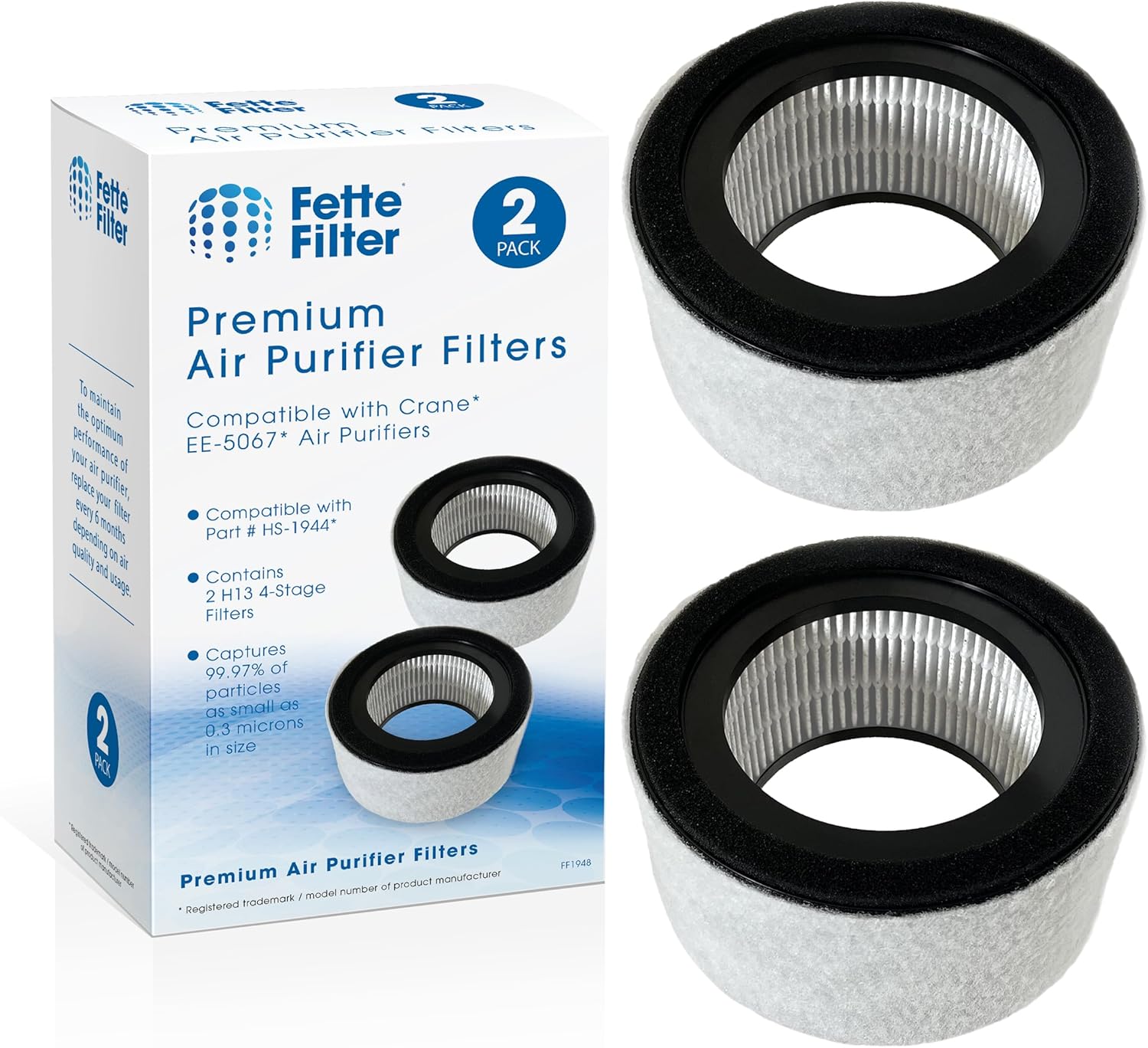 Fette Filter - EE-5067 True HEPA H13 Filter Set Compatible with Crane Air Purifier Model EE-5067 Part # HS-1944 with 4 Stage Filtration System 2 Pack