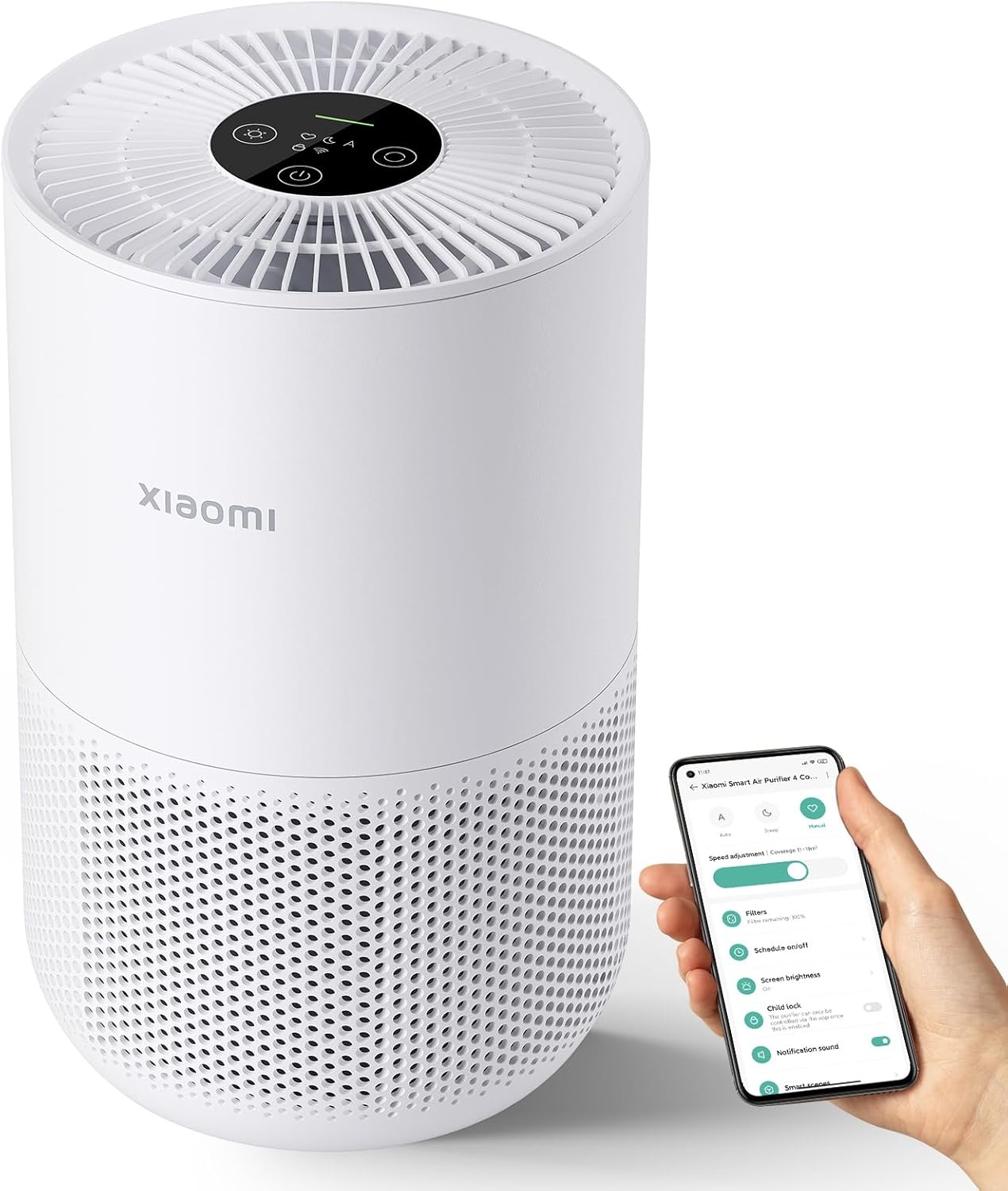 Xiaomi Mi Air Purifier 4 Compact, True HEPA H13 3-Stage Filter System Removes 99.97% of Pollutants as small as 0.3 microns, Smart Home Integration, Whisper Quiet, Just 0.9KW/day, OLED Touch Display
