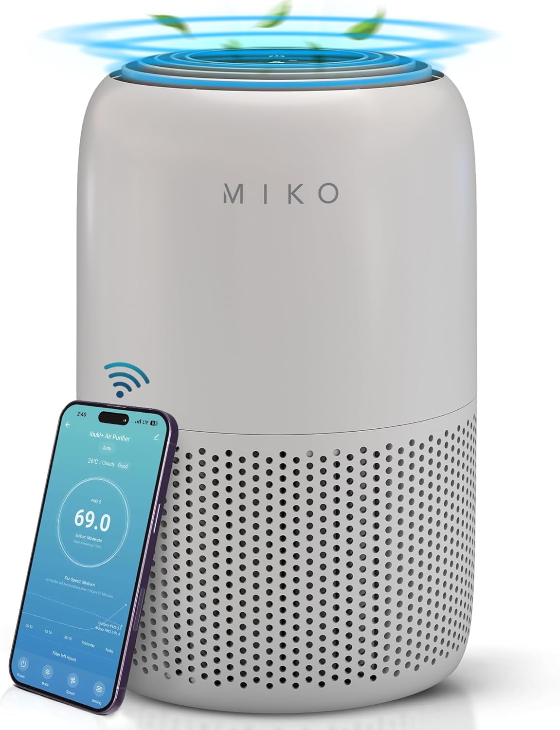 MIKO Air Purifier for Bedroom with 3-in-1 HEPA Filter & Sleep Mode, Whisper Quiet, Covers Up to 1200 ft, Smart Wi-Fi App Control - Removes Smoke, Allergens, Pets Hair, Dust, Odors, Pollutants