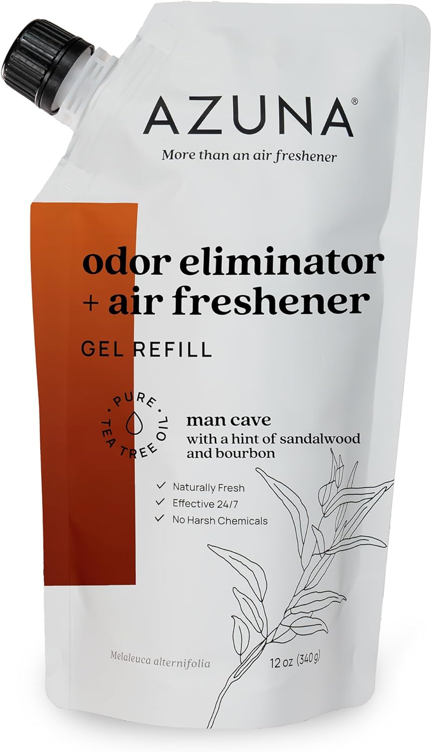 Azuna All-Natural Odor Remover Gel Refill Pouch | Air Purifier with Tea Tree Oil | Plant-Based & Long Lasting | For Pet Odors, Smoke & Strong Odors | Sandalwood/Bourbon, 12 oz.