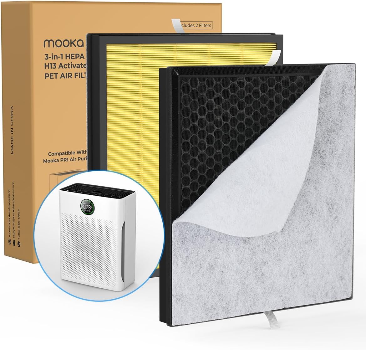 2 Pack MOOKA PR1 Pet Mode Genuine Air Purifier Replacement Filter, H13 True HEPA Air Purifiers for Home Large Room up to 2200sq.ft, Removes Pollen Dander Smoke Pet Hair Dust