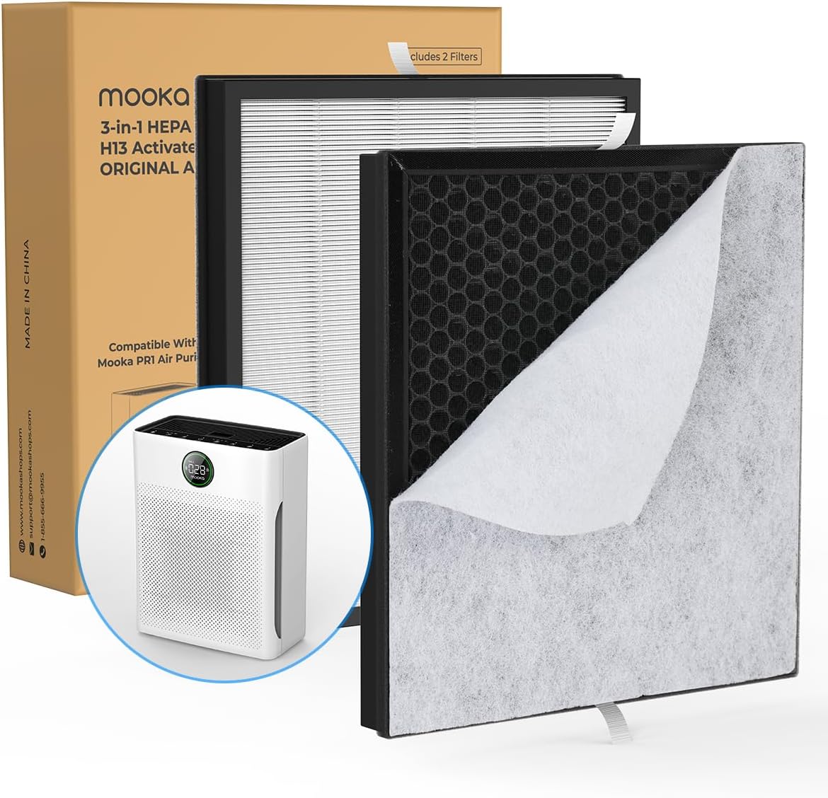 2 Pack MOOKA PR1 Genuine Air Purifier Replacement Filter, H13 True HEPA Air Purifiers for Home Large Room up to 2200sq.ft, with Washable Pre Filter, Removes Pollen Dander Smoke Pet Hair Dust
