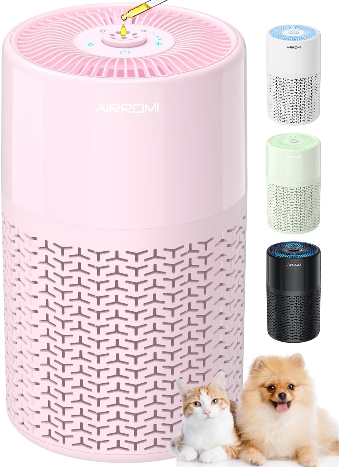 AIRROMI Pets Air Purifier for Home Allergies,Up to 660 ft².Yellow Deodorizing Activated Carbon Filter,With Fragrance Sponge for Better Sleep,Night Light,Pet Dander,Smoke,Odors,Air Cleaner A2002 Pink