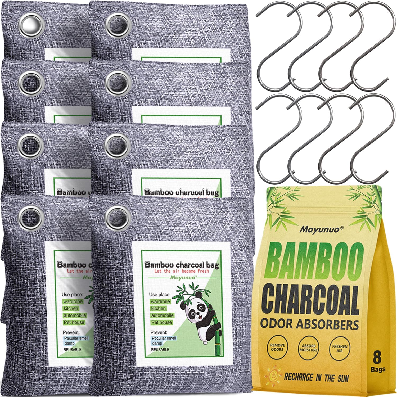 Activated Charcoal Odor Absorber for Strong Odor in Basement, Car, Closet, Shoe, 8 Pack Bamboo Charcoal Air Purifying Bags Deodorizer Odor Eliminator for Home