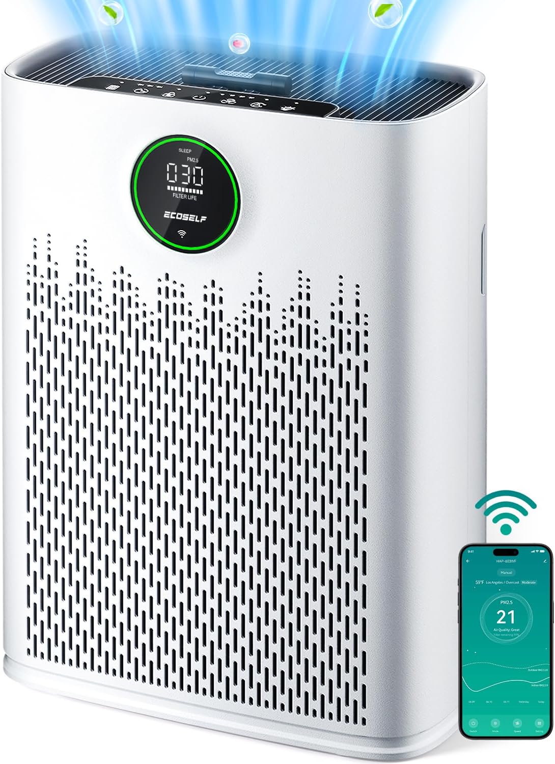 Smart Air Purifier for Home Large Rooms, with WiFi Control, Covers Up to 2400 Ft², Smart Mode, AQI Display, 22dB Sleep Mode & Aromatherapy with 2X-Power Filtration, HAP603WF, Bright White