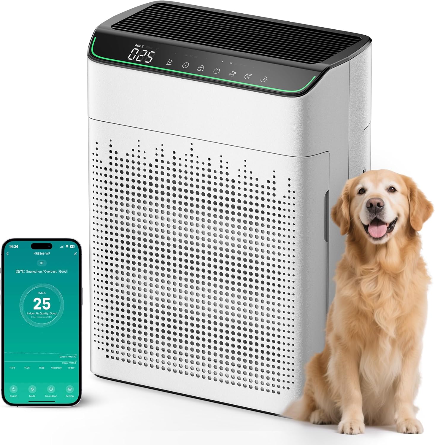 Air Purifiers for Home Large Room Up to 1690 ft² Double-sided Air Inlet Smart WiFi Alexa Compatible PM 2.5 Air Quality Monitor for Smoke and Odor 23dB Quiet 1 Pack+2 Pack HEPA Filters White