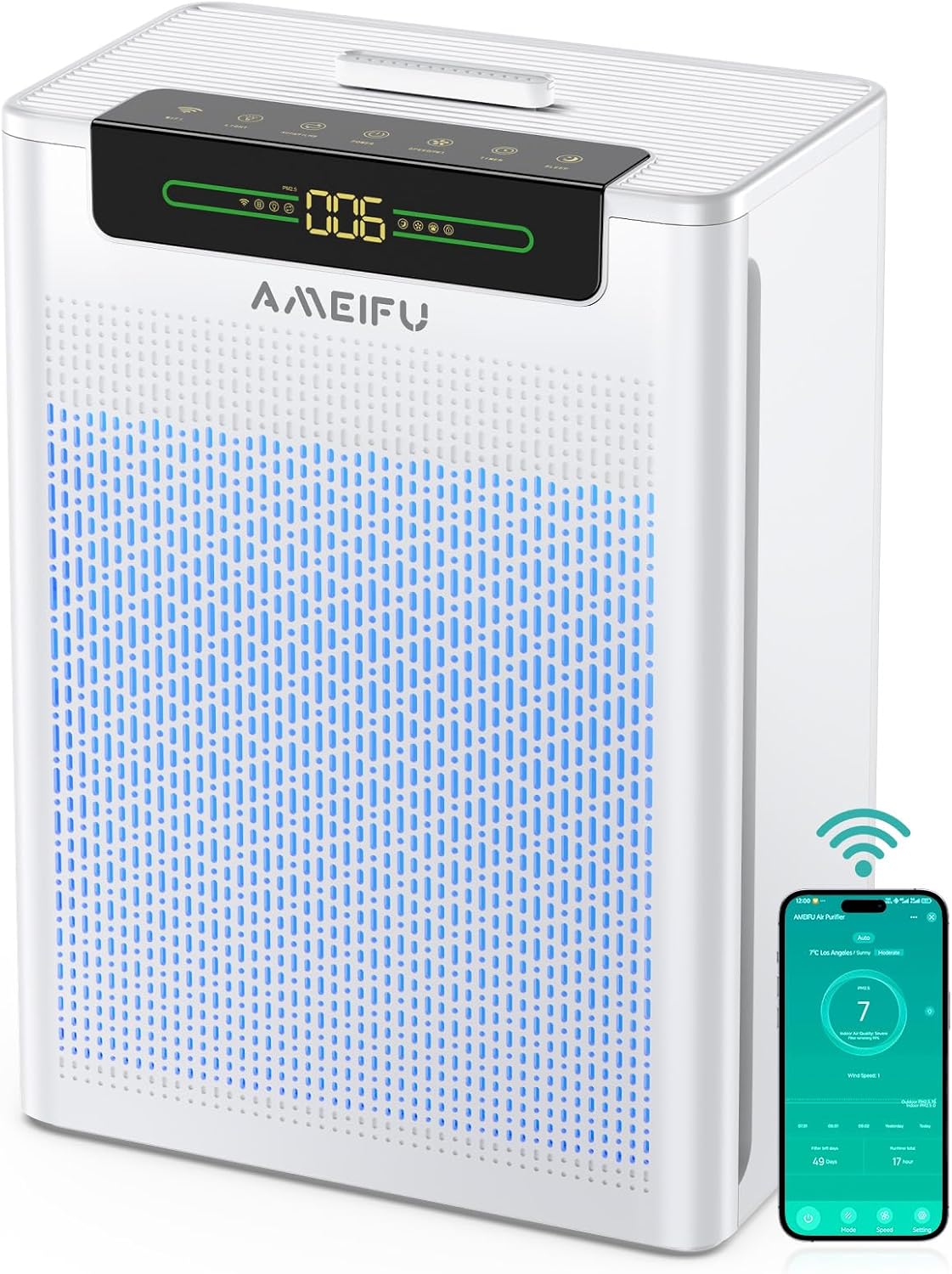 AMEIFU Air Purifiers for Home Large Room, Up to 2600 ft² with Smart WiFi APP Control, Hepa Air Purifier with Washable Filters, PM 2.5 Display for Bedroom, Pets Hair, Pollen, Dander, Smoke