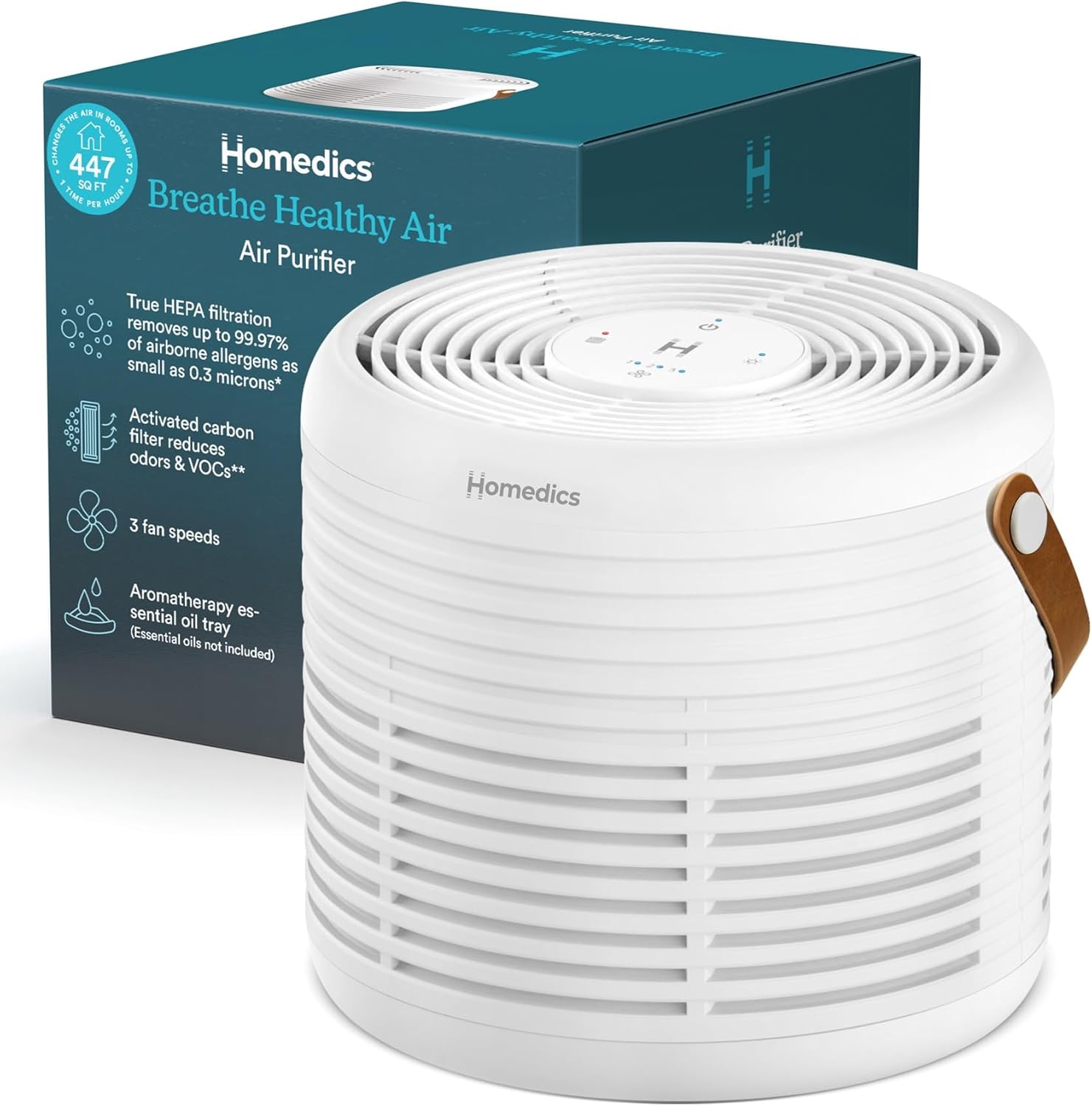 Homedics Air Purifier True HEPA Filter for Medium Rooms up to 447 Sq Ft Removes 99.97% Allergens, Odors & VOCs, Aromatherapy, 3 Fan Speeds, for Bedrooms, Living Rooms & Offices, Quiet Operation