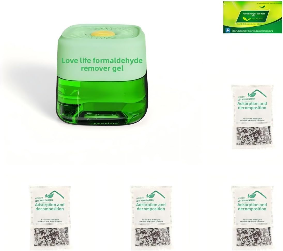 Lily-scented air purifier set: formaldehyde-removing gel + test kit + 4 activated carbon packs. Tackles formaldehyde, benzene, ammonia, TVOC & odors. Perfect for bedrooms, closets, new homes, offices