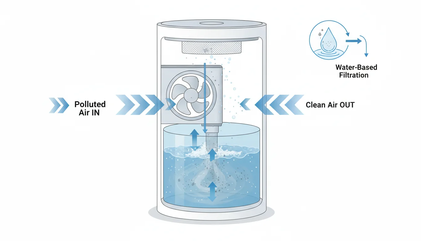 Illustration showing air purifier using water as a filter concept