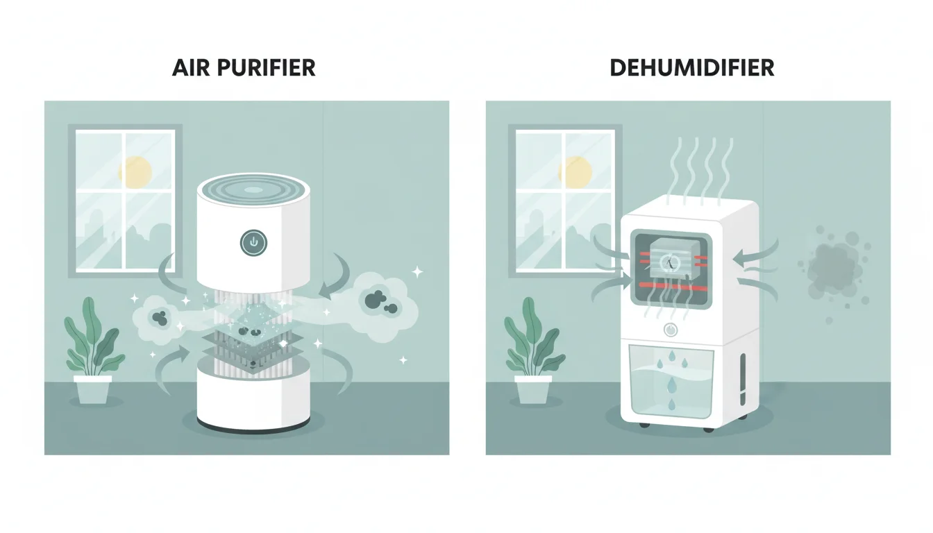 Illustration showing air purifier vs dehumidifier for mold concept