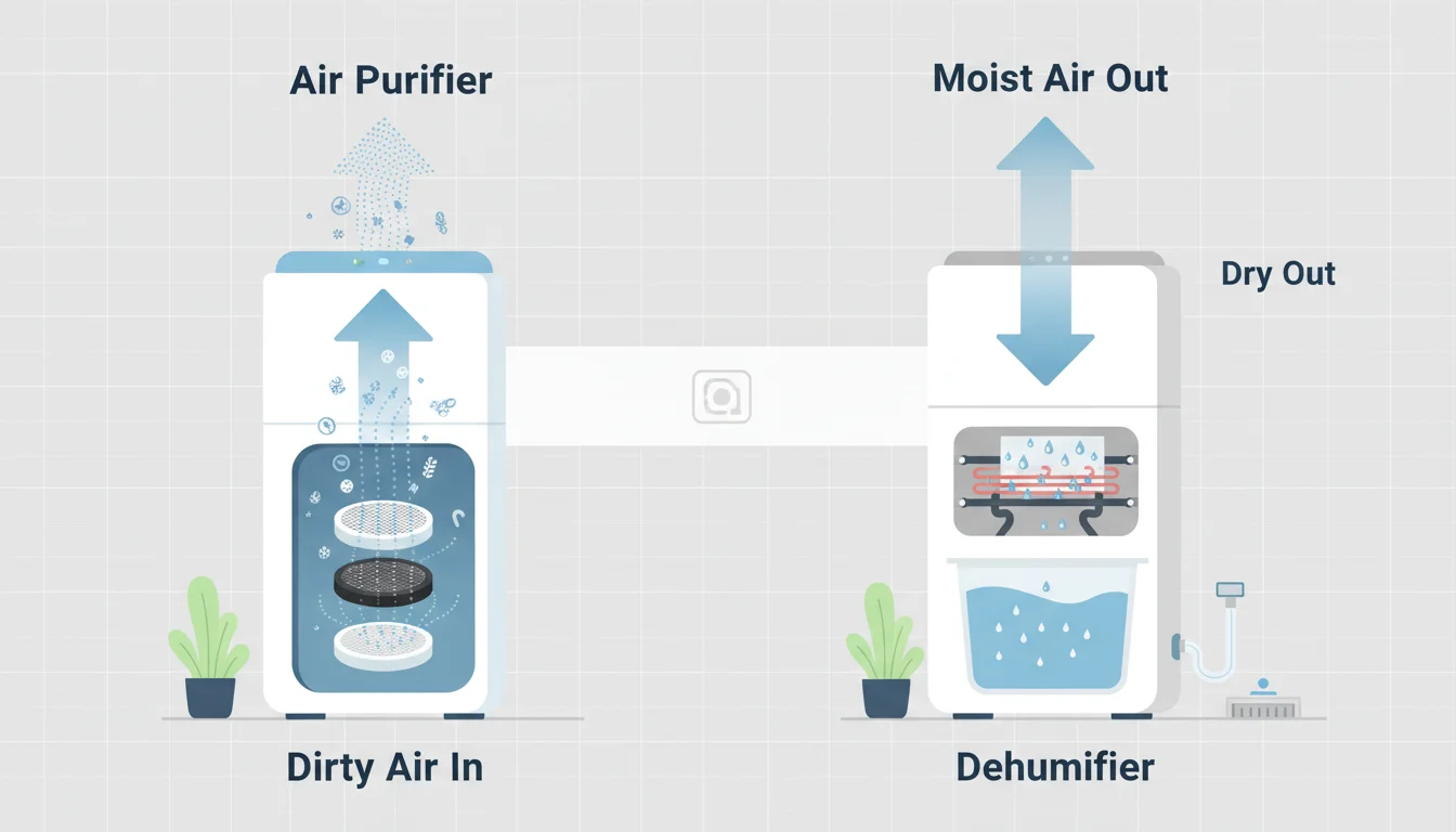 Illustration showing air purifier vs dehumidifier concept